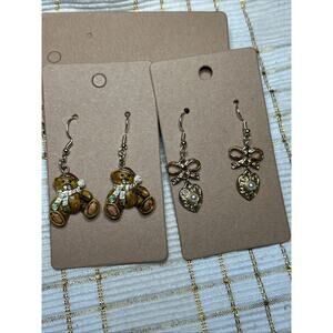 2 Sets Of Dangle Earrings, Christmas Bear Hand Painted, Hearts,Bows Gold Toned